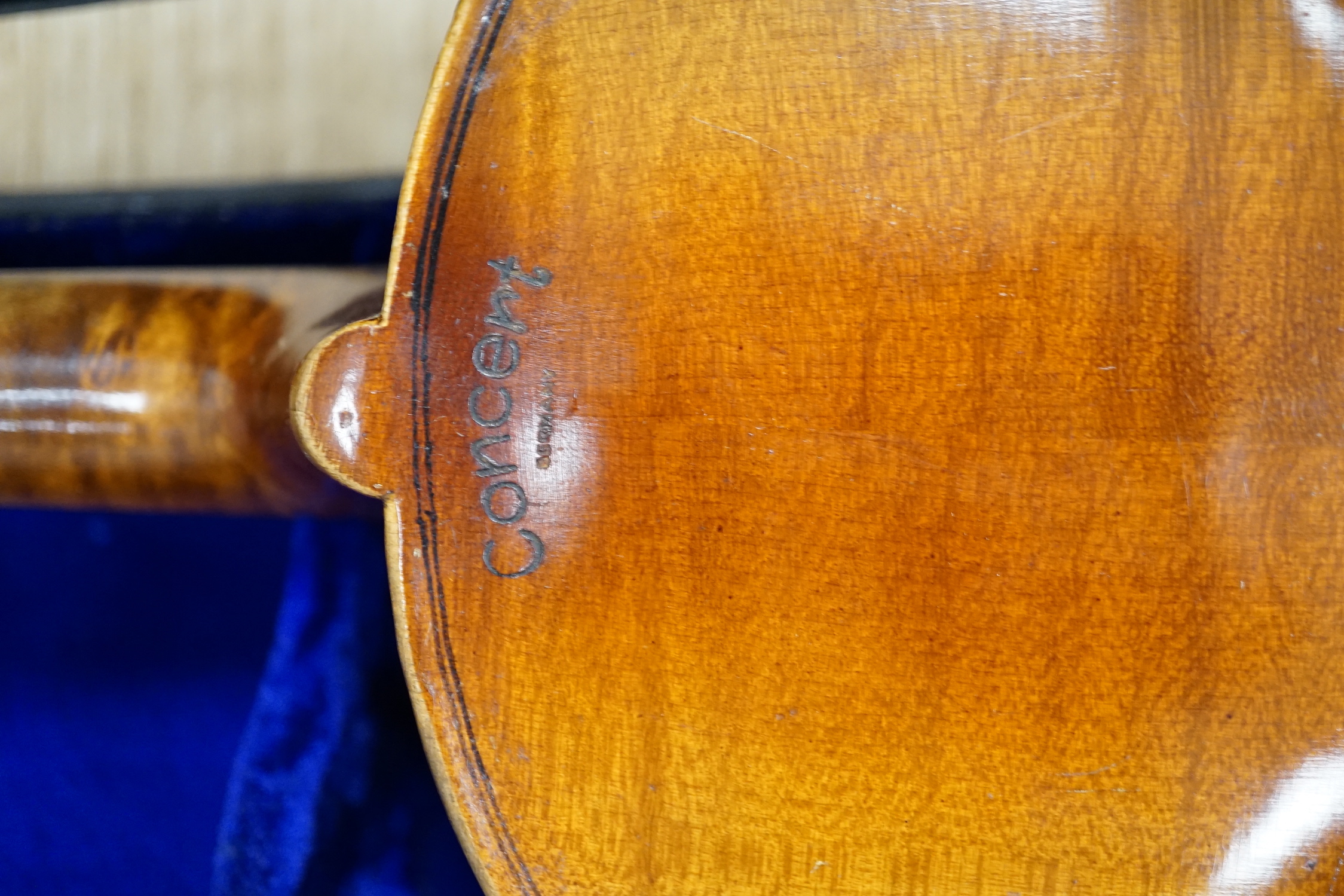 A cased German student’s violin, ‘copy of Antonius Stradivarius’, without bow